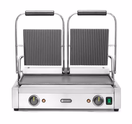 Kontaktgrill - dubbelt utförande, HENDI, räfflad överplatta och slät underplatta, 230V/3600W, 570x375x(H)216mm