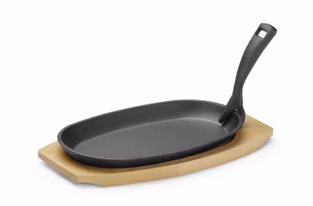 Serveringsfat av gjutjärn med träunderlägg och grepphandtag, HENDI, svart, 280x143x(H)33mm, Oval