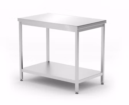 Centralt arbetsbord med hylla – bultmonterad, djup 600 mm, HENDI, Profi Line, 1000x600x(H)850mm