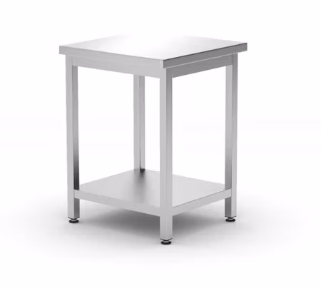 Centralt arbetsbord med hylla – bultmonterad, djup 600 mm, HENDI, Kitchen Line, 600x600x(H)850mm