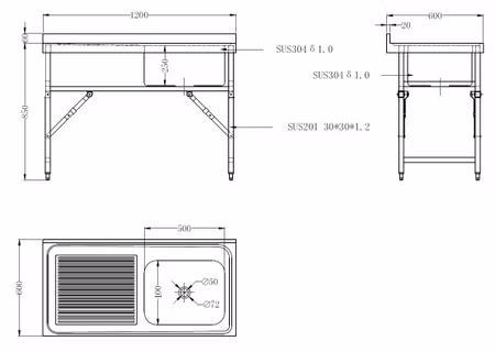 Combisteel 600 vikbar nedåt diskbänk 1200 1R | 7490.0275