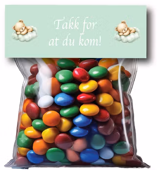 Etikett til sukkertøyposer, grønn bamse