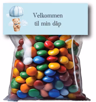 Etikett til sukkertøyposer, blå bamse