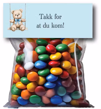 Etikett sukkertøypose blå, bjørn