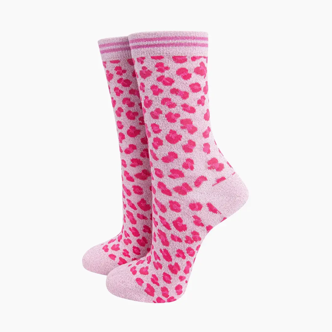 Leopard Print Combed Cotton Glitter Socks in Pink