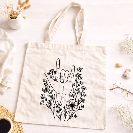 Tygkasse - Teckenspråk med blommor