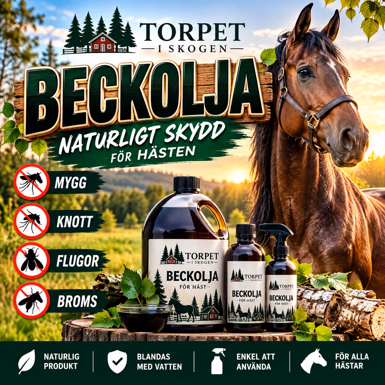Beckolja för häst mot mygg, knott, flugor och broms. till 8 liter spray