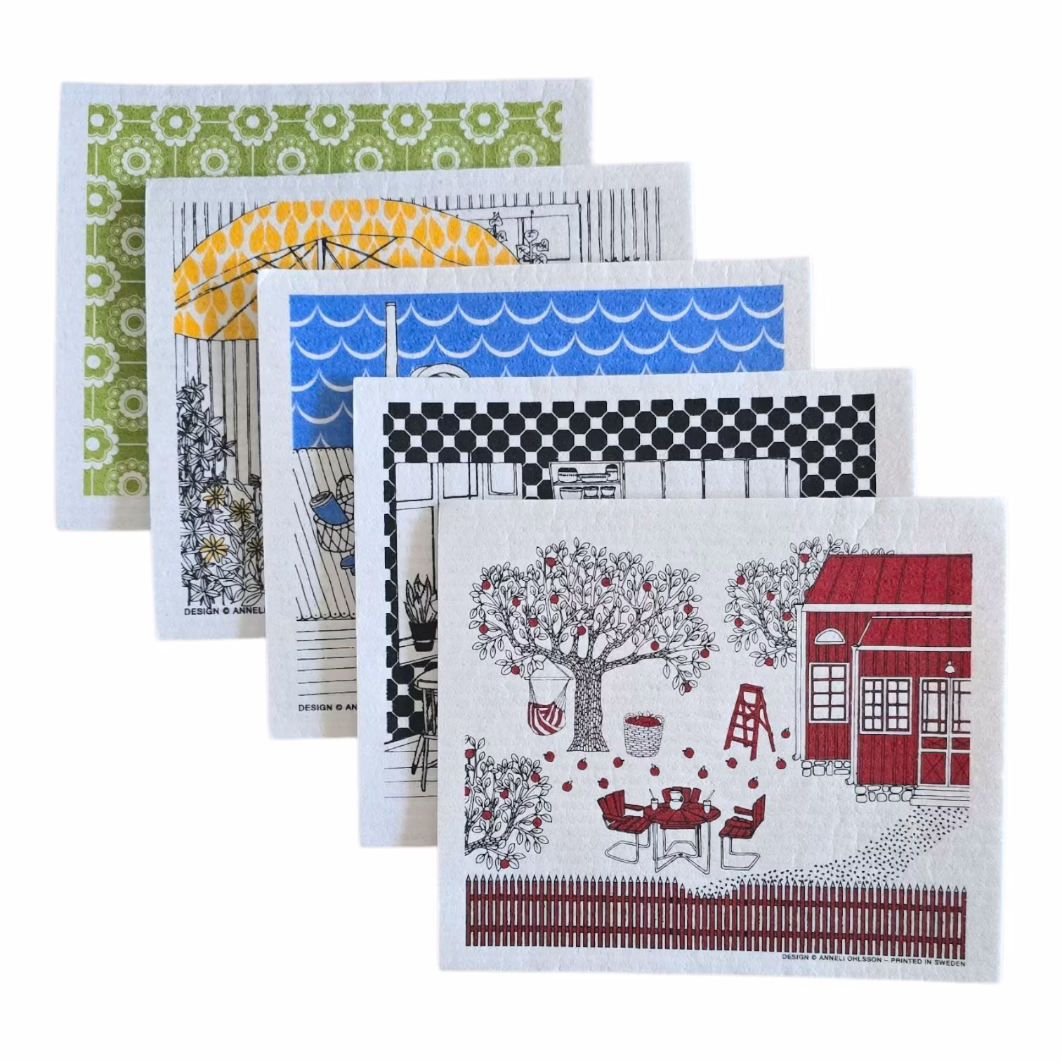 Alla de fem olika motiv på disktrasor som du kan välja emellan.