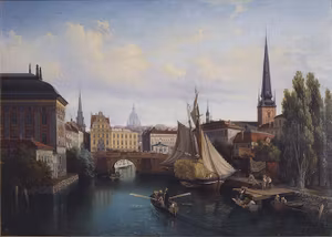 UTSIKT ÖVER RIDDARHOLMSKANALEN STOCKHOLM 1835 av GUSTAF WILHELM PALM