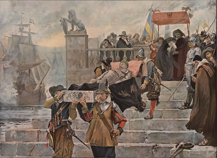 GUSTAV II ADOLF LIKFÄRDEN I WOLGAST EFTER LÜTZEN av CARL GUSTAF HELLQVIST
