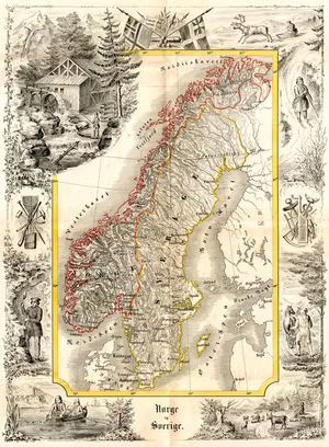 ANTIK UNIONSKARTA KARTAN ÖVER NORGE OCH SVERIGE 1847
