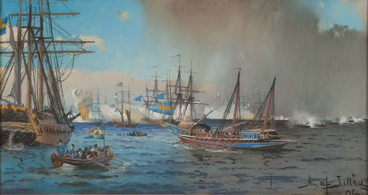 SKÄRGÅRDSSTRID MED HMS AMPHION FRÅN RYSKA KRIGET DRYCKESBÄGARE Mugg av Herman af Sillén