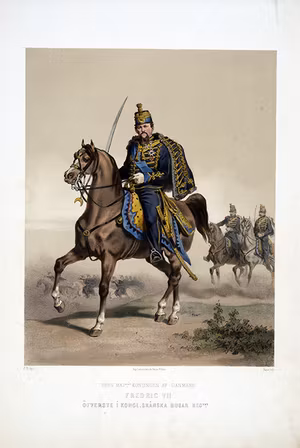 Skånska husarregementet. Fredrik VII av Danmark till häst. Efter Fritz von Dardel