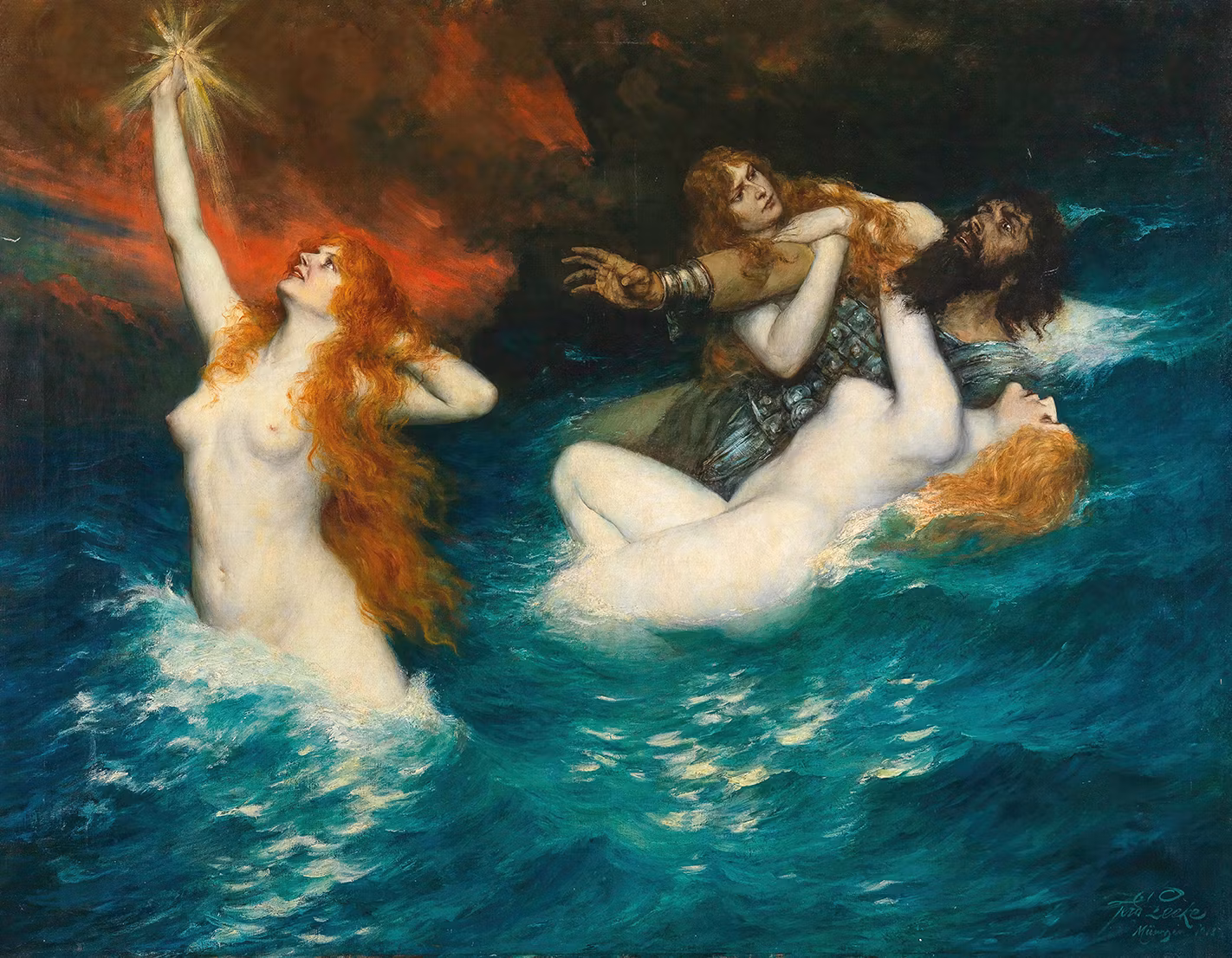 VATTENNYMFER FRÅN RHENGOLD I RING DES NIBELUNGEN 1913 av FERDINAND LEEKE efter RICHARD WAGNER