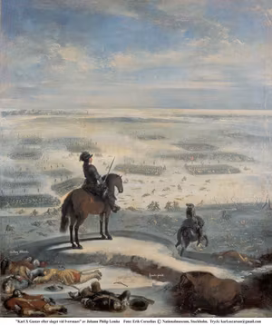 KARL X GUSTAV TILL HÄST VID TÅGET ÖVER STORA BÄLT av JOHAN LEMKE