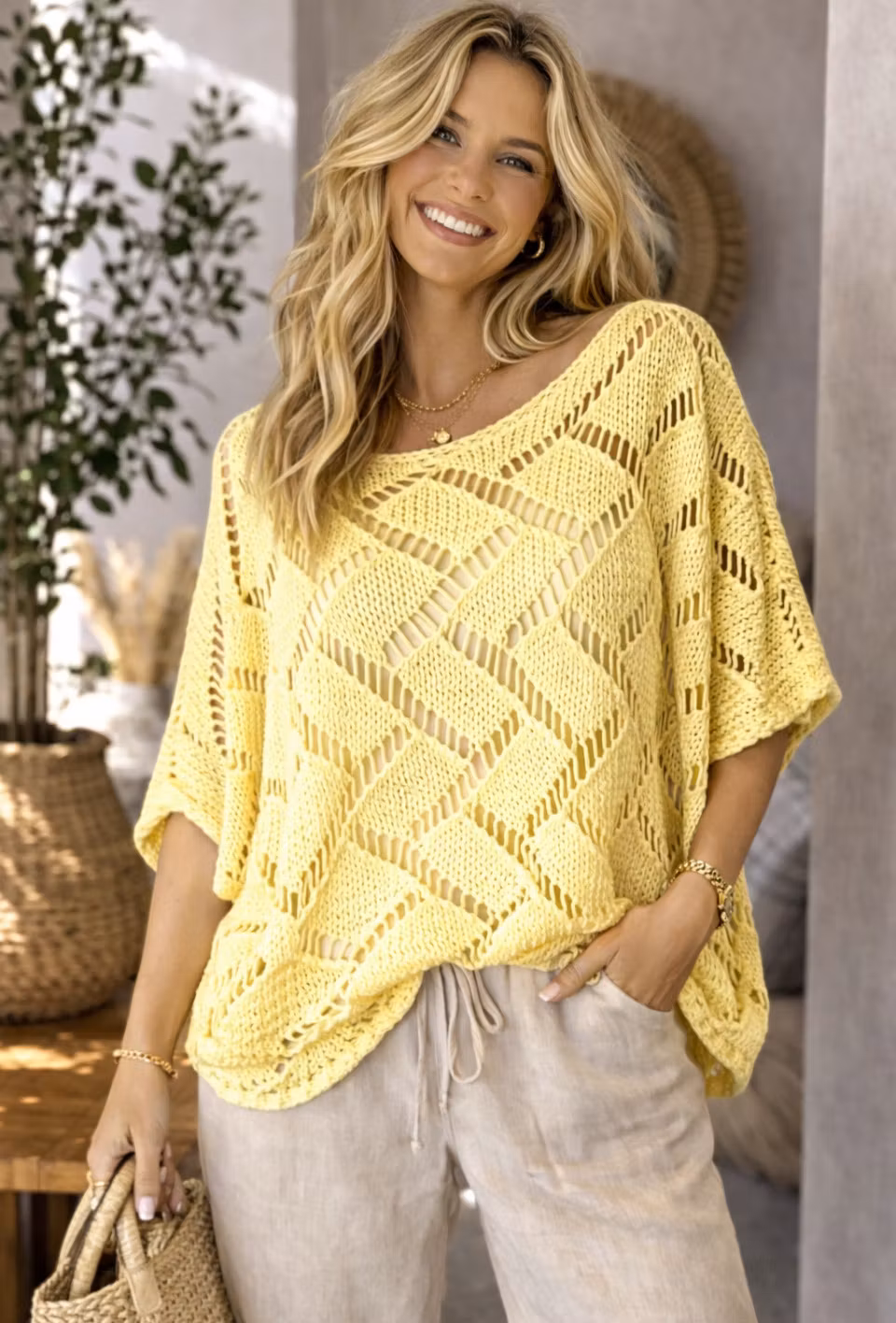 Glesstickad Ponchotröja - Gul