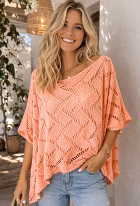 Glesstickad Ponchotröja - Corall