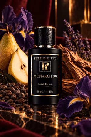 MONARCH 88 – pudrig iris, mörka tränoter och tidlös elegans i varje spray.