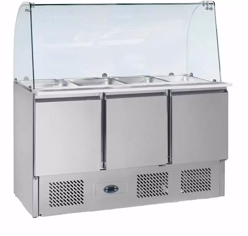 Saladette kylbänk med glasmonter 400L, 3 dörrar