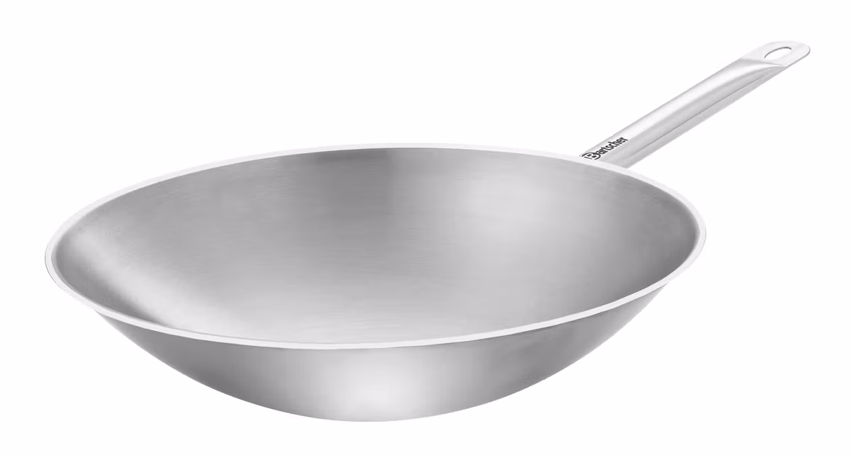 Wokpanna med flat botten i rostfritt stål, Ø 38 cm