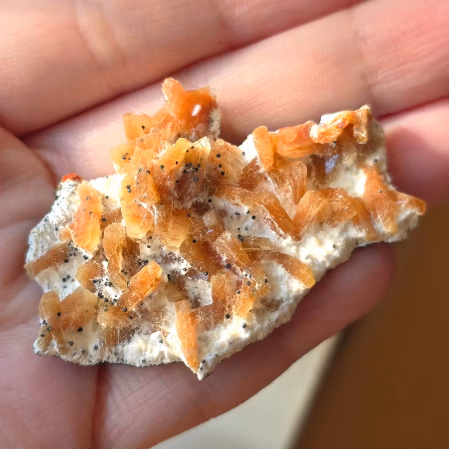 Orange Heulandit På Mordenit Med Svarta Mikrosfärer