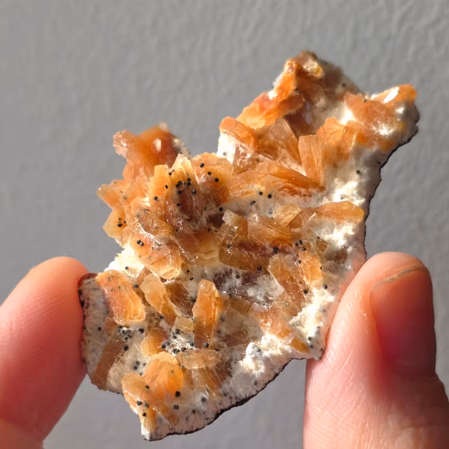 Orange heulandit på mordenit är en vacker och kontrastrik zeolitkombination där de varma, persiko–orange kristallerna av heulandit vilar mot ett mjukt, vitt täcke av mordenit