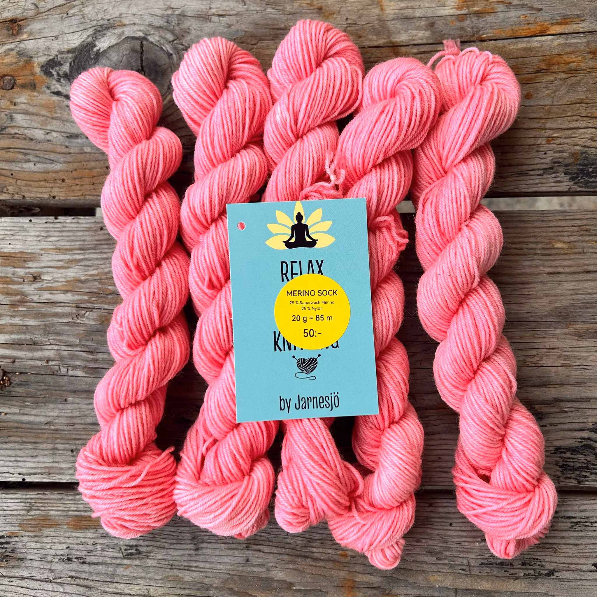 Handfärgat garn, Merino Sock. 20 g, rosa