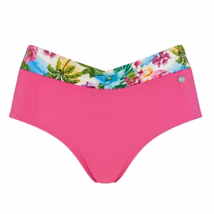 Bikinitrosa i hallonfärg med blommig board