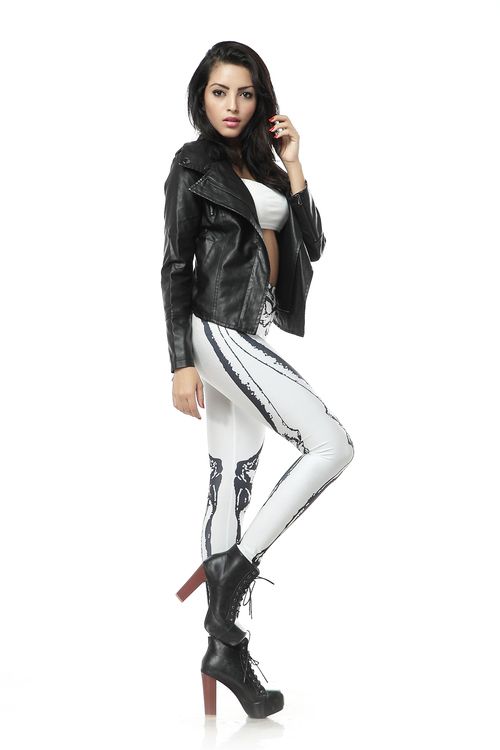 Vita Leggings med Svart Skelett Small