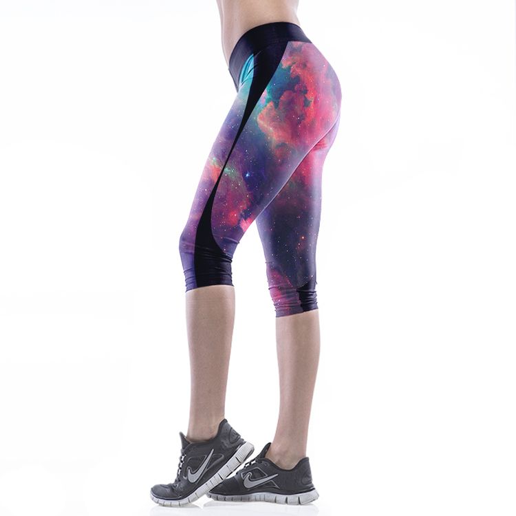 Galaxy Mönstrade med Svart Midja Capri Leggings Small