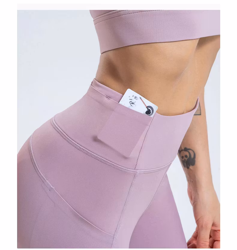 BlåGrå Leggings med Hög Midja och Fickor