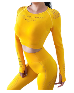 Gul Crop Top Träningstopp seamless med långa armar.