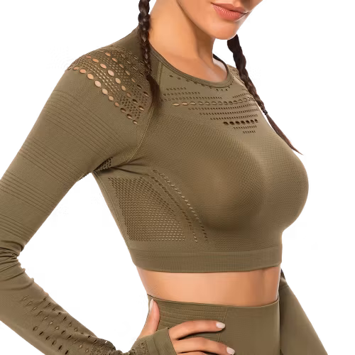 Grön Crop Top Träningstopp seamless med långa armar.