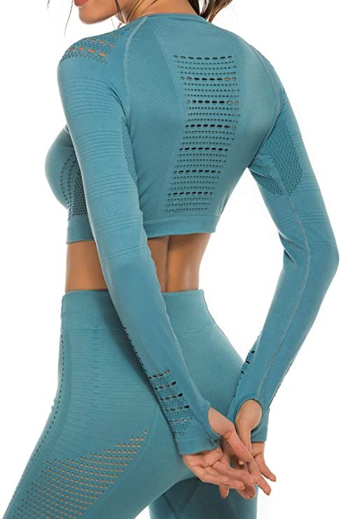 Blå Crop Top Träningstopp seamless med långa armar.