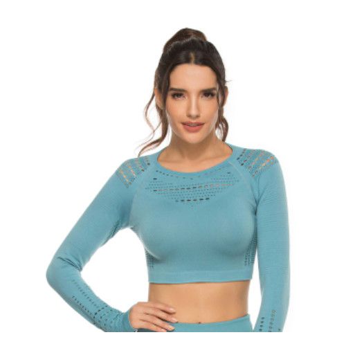 Blå Crop Top Träningstopp seamless med långa armar.