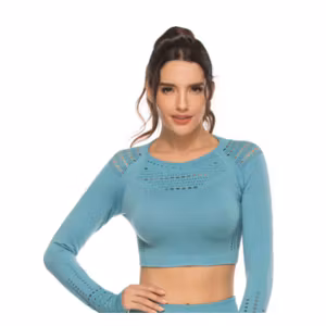 Blå Crop Top Träningstopp seamless med långa armar.