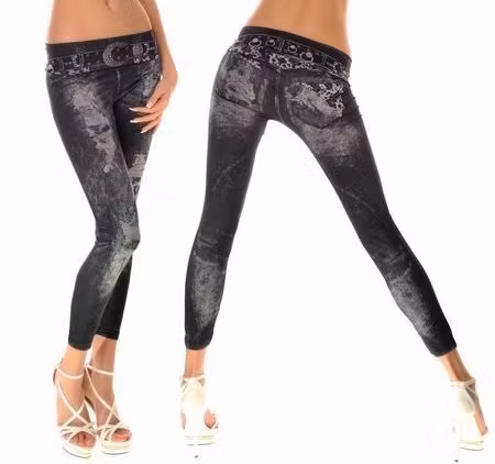 HOLE IMITATE BELT BLACK JEANS PRINT LEGGINGS