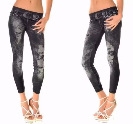 HOLE IMITATE BELT BLACK JEANS PRINT LEGGINGS