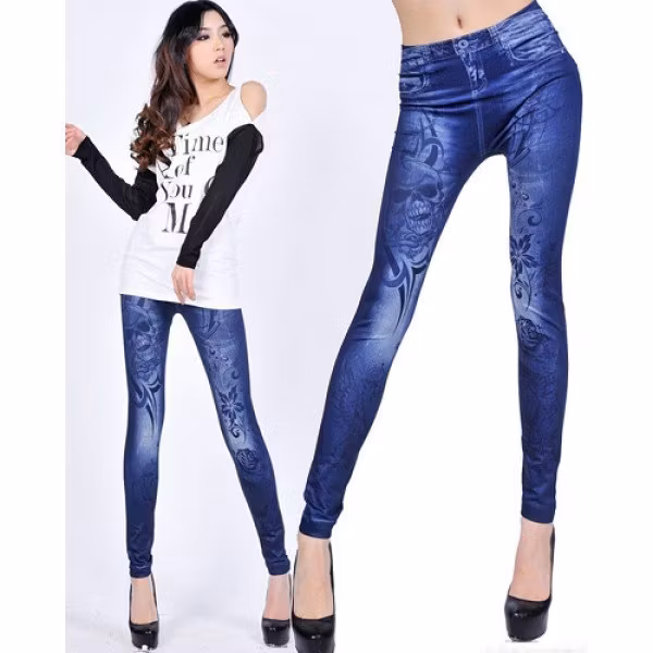 Skulls Tattoo Blue Jeans Print Leggings