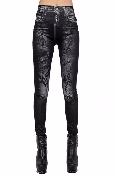 Skulls Tattoo Black Jeans Print Leggings