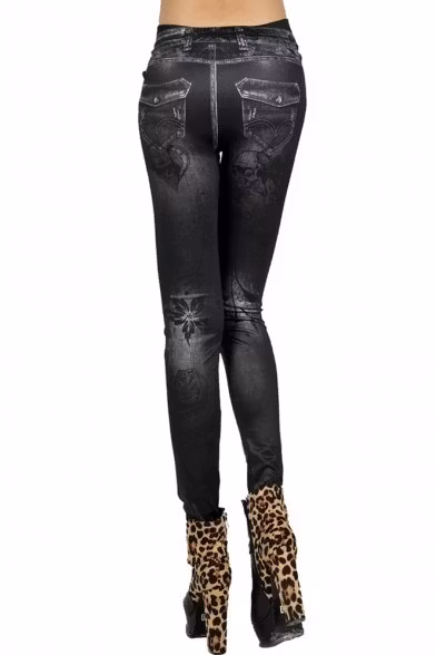 Skulls Tattoo Black Jeans Print Leggings