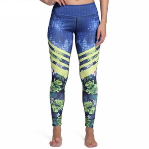 Träningstights Blå Yoga Leggings med Löv och Blommor