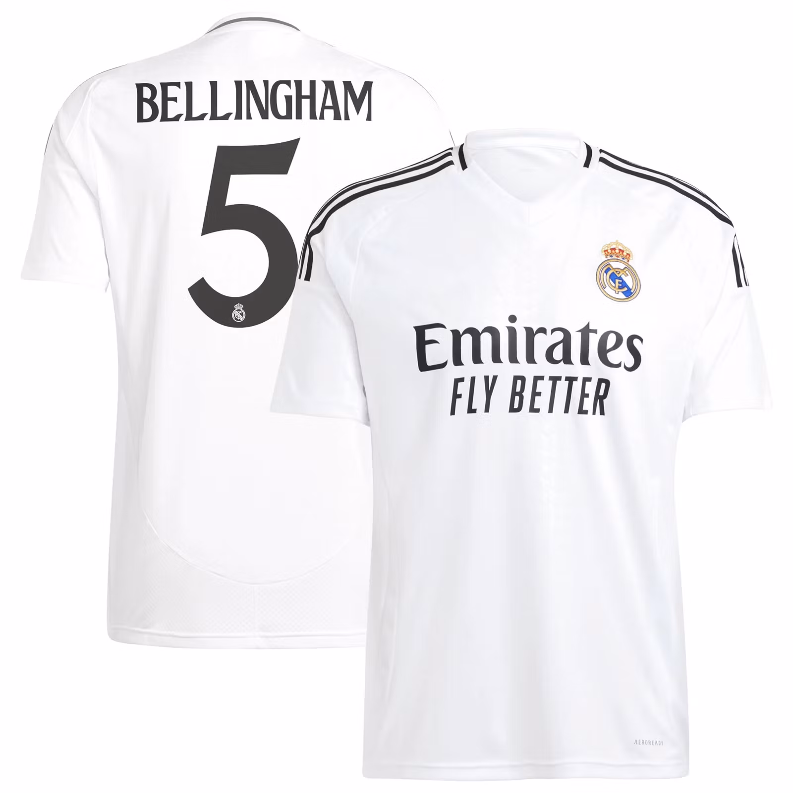 Fotbollströja Real Madrid Bellingham säsongen 2024/25. Vit tröja med Bellingham’s namn, nummer och klubbens emblem