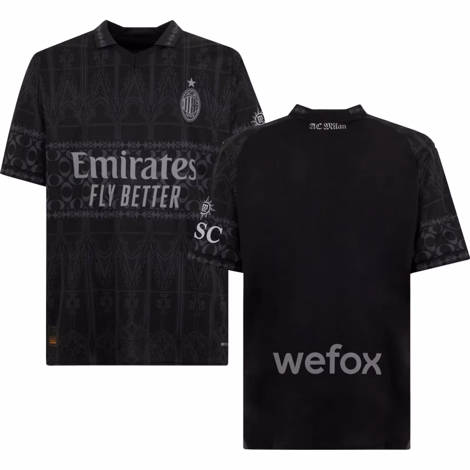 Fotbollströja Milan X Pleasures fjärdetröja vuxen 2023/24, svart tröja med stilren design och klubbens logotyp.