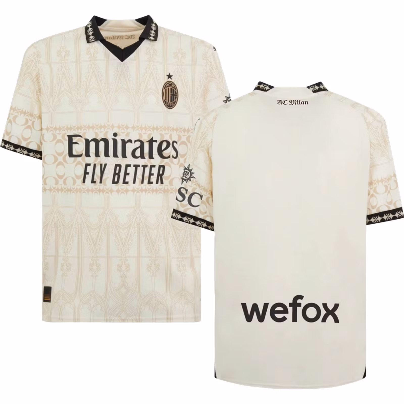 Fotbollsträja Milan X Pleasures fjärdetröja 2023/24, vit tröja med stilren design och klubbens logotyp.