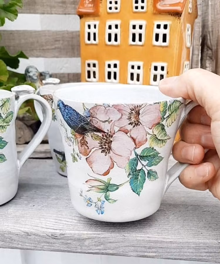 RUSTIKA KERAMIKMUGGAR MED FÅGLAR 3,5 dl