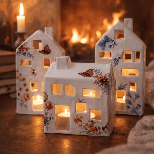 KERAMIKHUS, LJUSLYKTA BLÅ BLOMMOR