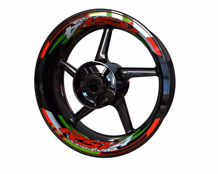 Two Aprilia RSV4 wheel stickers in red and green on red motorcycle rim
