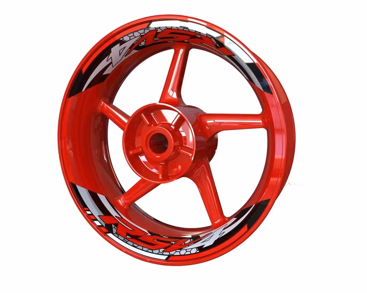 Two Aprilia RSV4 wheel stickers in black and white on red motorcycle rim