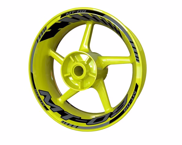 Yellow rim with Yamaha mt-09 rim stickers in black and white